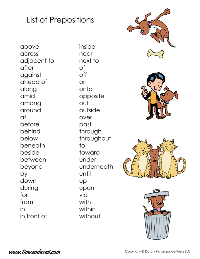 List of prepositions worksheet designed for first graders to enhance their understanding of parts of speech