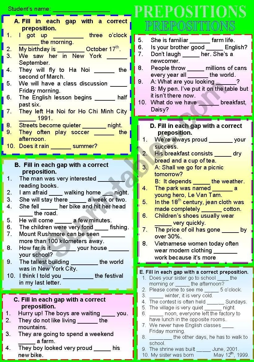 List of prepositions worksheet designed for first graders to enhance their understanding of parts of speech