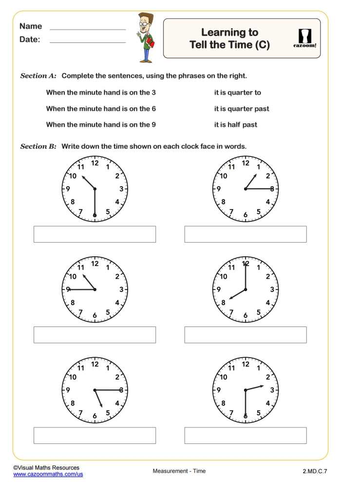 Engaging clock reading practice worksheet for young learners in first grade Printable Telling the Time 2 worksheet for first graders to practice reading clock hands