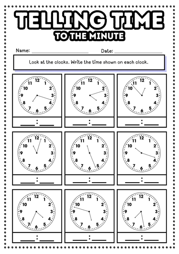 Engaging worksheet image for teaching time-telling skills to young learners Printable Telling the Time 2 worksheet for first graders to practice reading clock hands