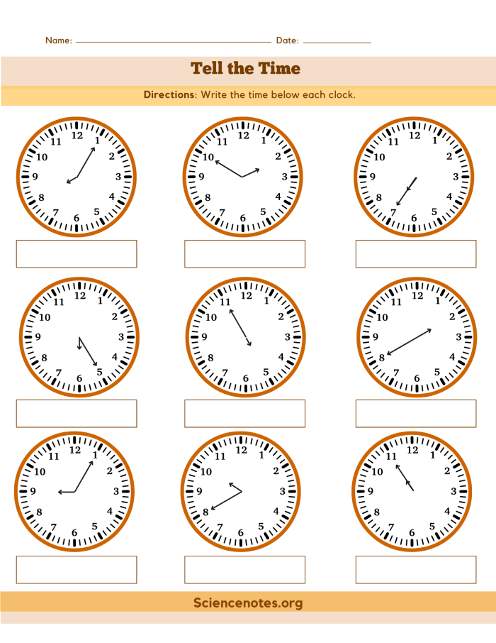 Engaging clock reading practice sheet for young learners in phonics Printable Telling the Time 2 worksheet for first graders to practice reading clock hands