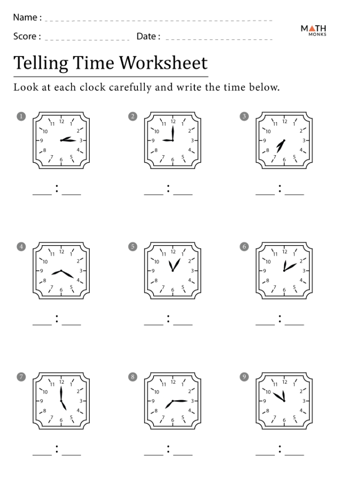 Interactive clock reading practice worksheet for kids in first grade Printable Telling the Time 2 worksheet for first graders to practice reading clock hands