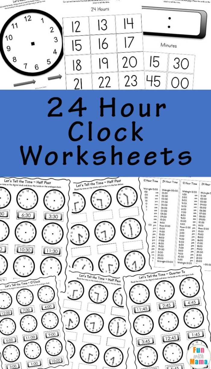 Telling the Time 2 worksheet for phonics practice in first grade Printable worksheet for first graders to practice telling time with clock illustrations