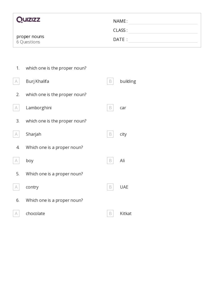 Worksheet for first graders on capitalizing proper nouns with five sentences to rewrite