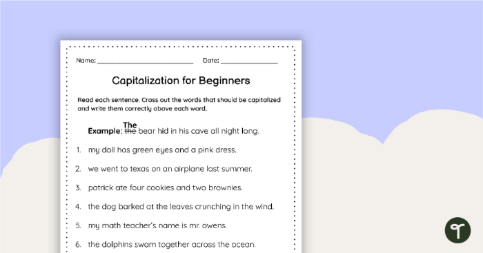 Worksheet featuring sentences for first graders to practice capitalizing proper nouns