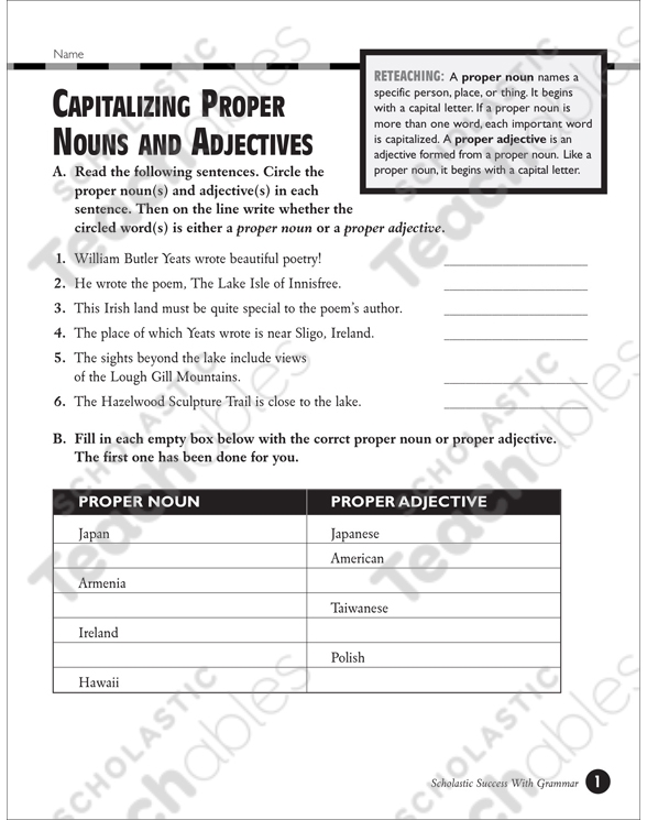 Worksheet for first graders focusing on capitalizing proper nouns with sentences to rewrite
