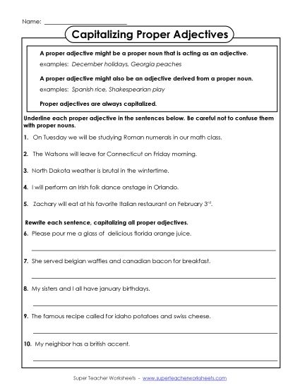 Worksheet for first graders on capitalizing proper nouns in sentences