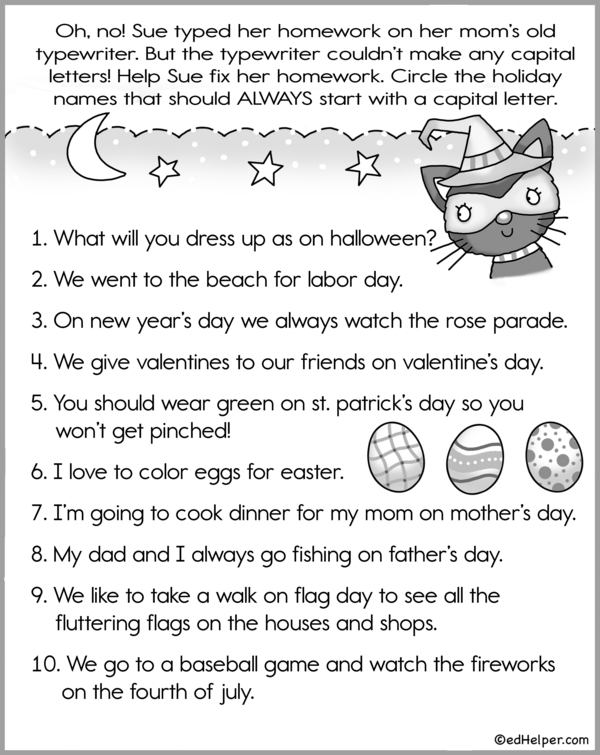 Worksheet for first graders on capitalizing proper nouns