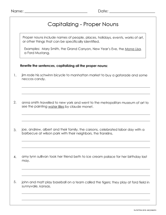 Worksheet for first graders focusing on capitalizing proper nouns with five example sentences. Get into Grammar: Capitalizing Proper Nouns worksheet for handwriting practice.