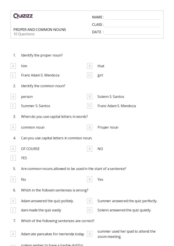 Worksheet for first graders on capitalizing proper nouns