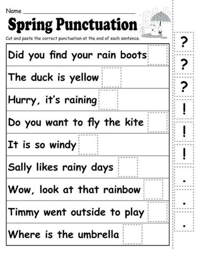 Worksheet image for mastering basic punctuation skills in Grade 1 Basic Punctuation worksheet for first graders focusing on missing ending punctuation marks
