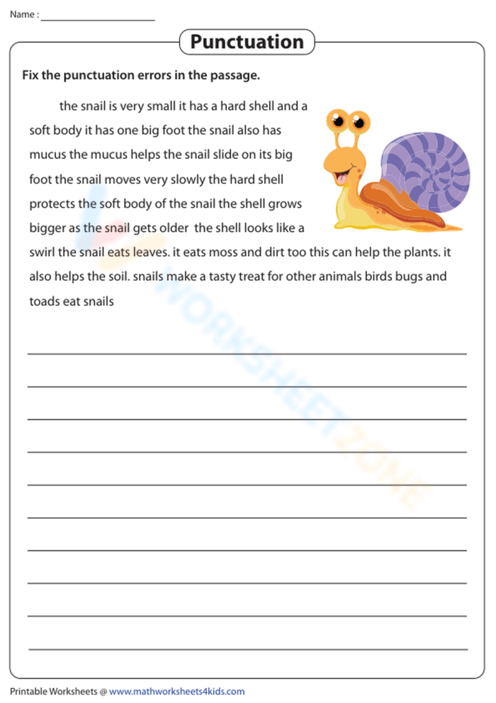 First grade proper punctuation worksheet exercise 3 showing sentences with missing end punctuation marks