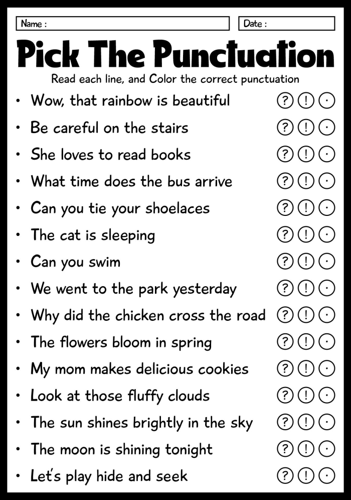 Basic Punctuation Worksheet 7 for First Grade Grammar Practice First grade students practice adding periods and question marks to sentences on this basic punctuation worksheet