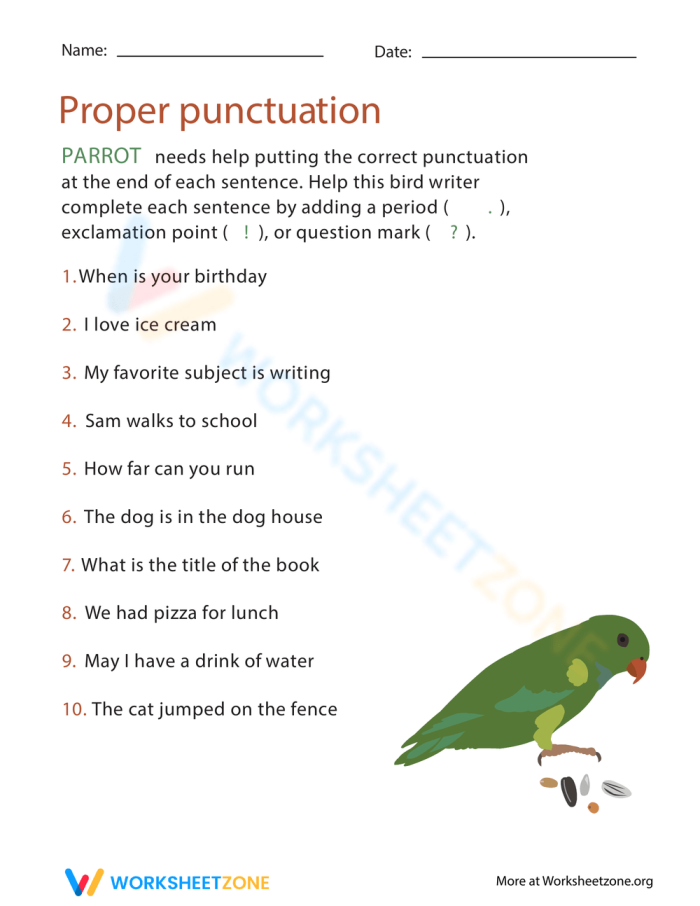 First grade proper punctuation worksheet exercise showing sentences with missing end punctuation marks for students to complete