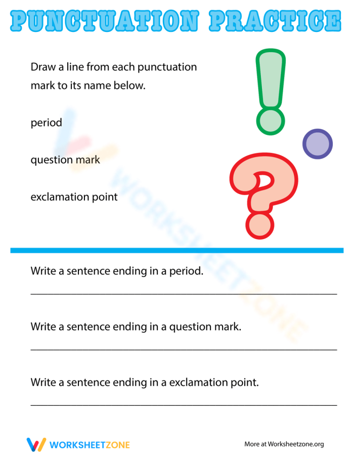 Image illustrating a basic punctuation worksheet for early writers in grade one Worksheet for first graders focusing on basic punctuation with missing ending marks