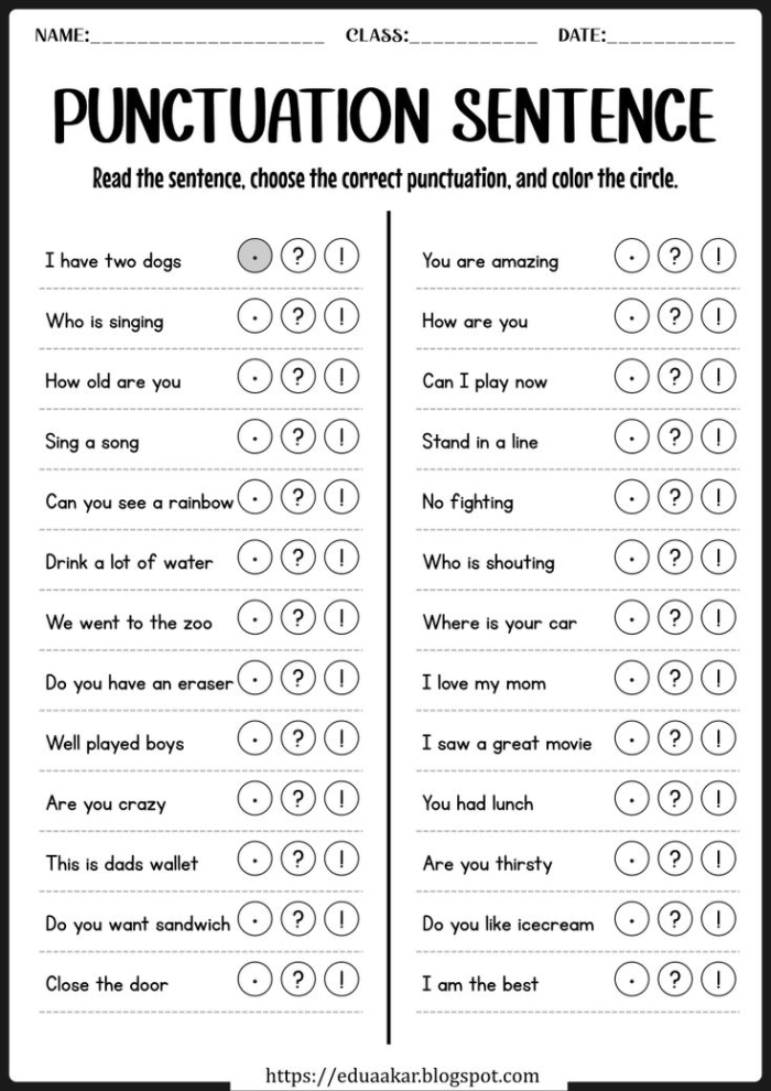 First grade proper punctuation worksheet exercise 8 showing end punctuation practice with sentences