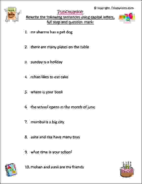 Basic Punctuation Worksheet for First Grade Grammar Practice 11 First grade student practicing basic punctuation marks on a grammar worksheet