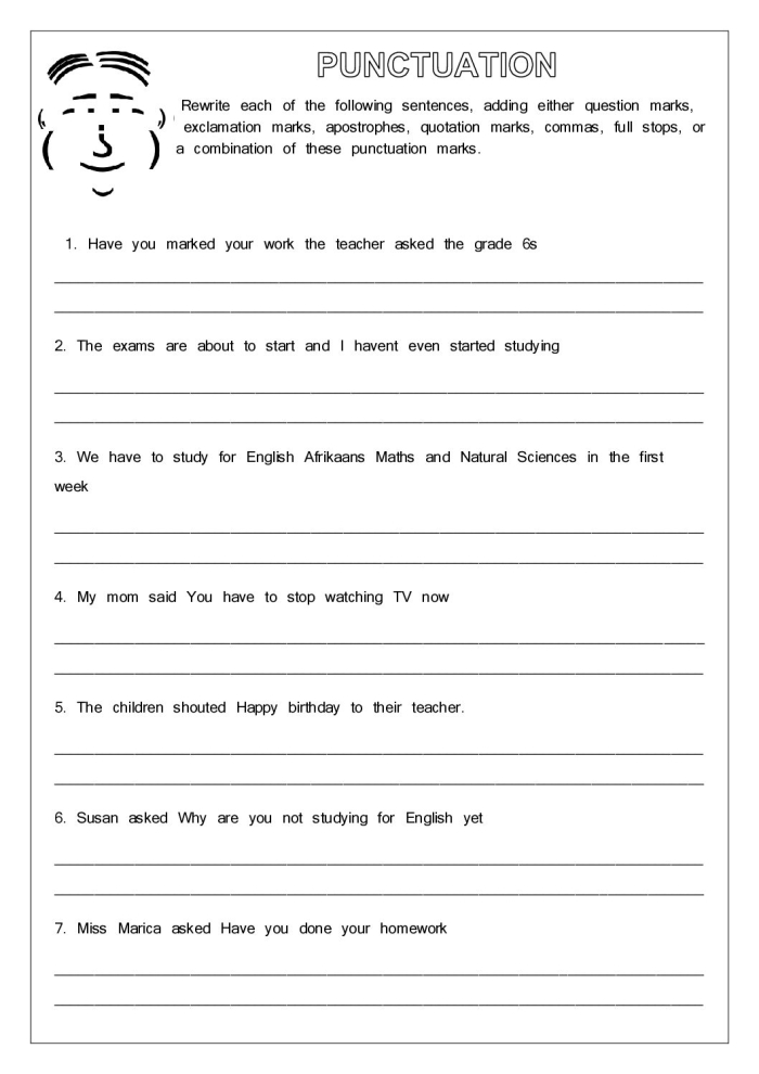 First grade Earth and space science worksheet focusing on proper punctuation practice for young students