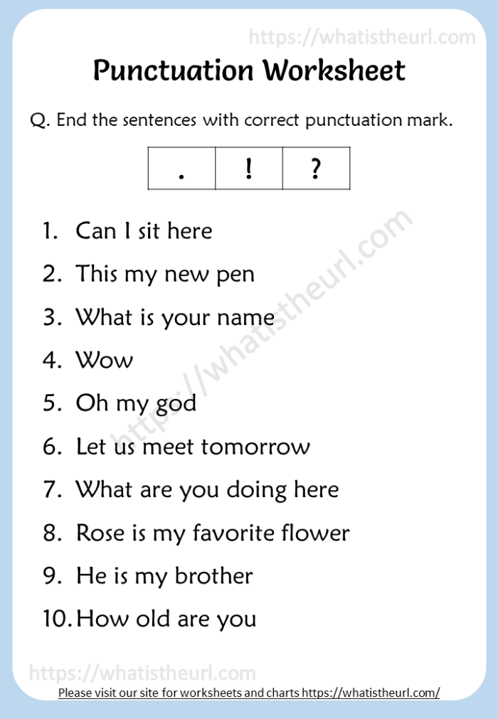First grade proper punctuation worksheet exercise 6 showing end punctuation practice