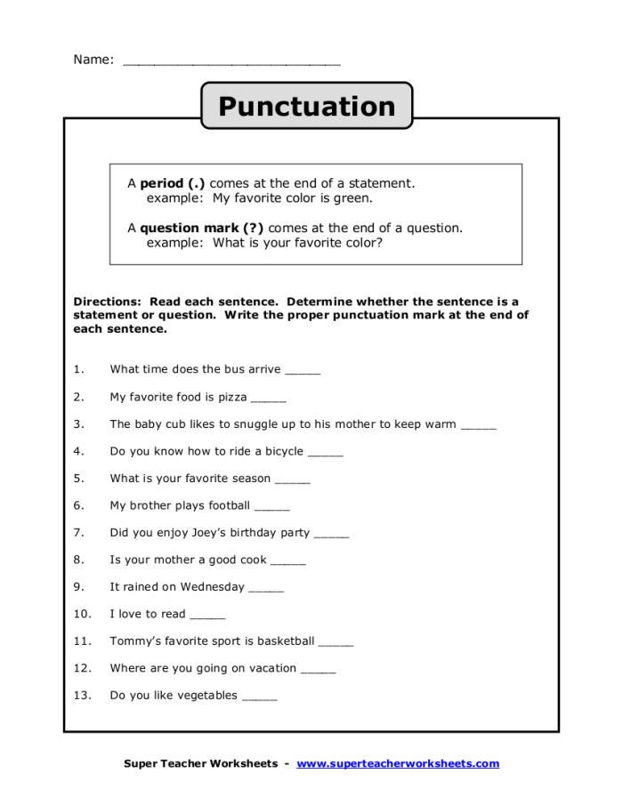 First grade proper punctuation worksheet exercise showing sentences with missing end punctuation marks for students to complete