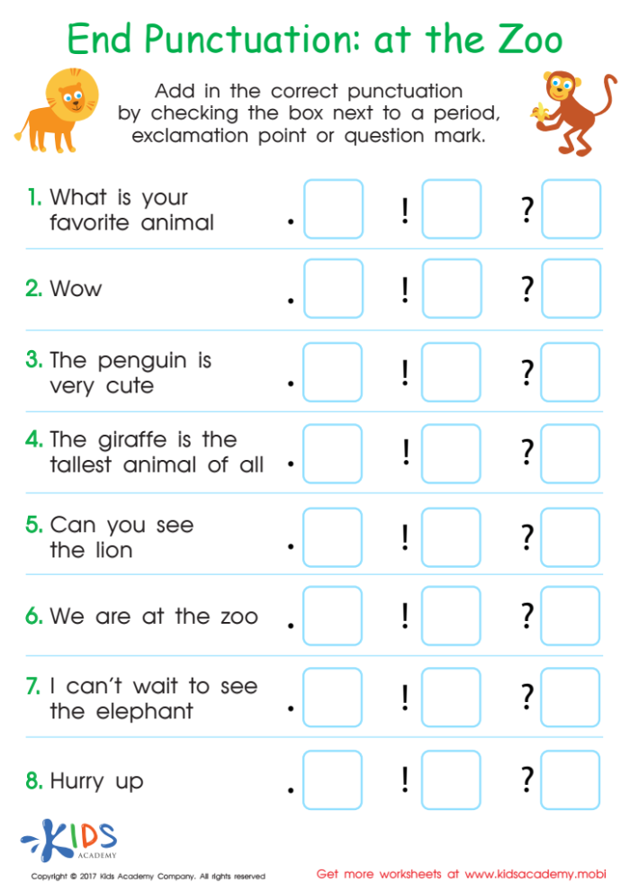 Worksheet image for mastering basic punctuation in sentence writing Basic Punctuation worksheet for first graders focusing on missing ending punctuation marks