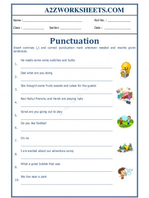 First grade proper punctuation worksheet exercise 5 showing sentences with missing end punctuation marks
