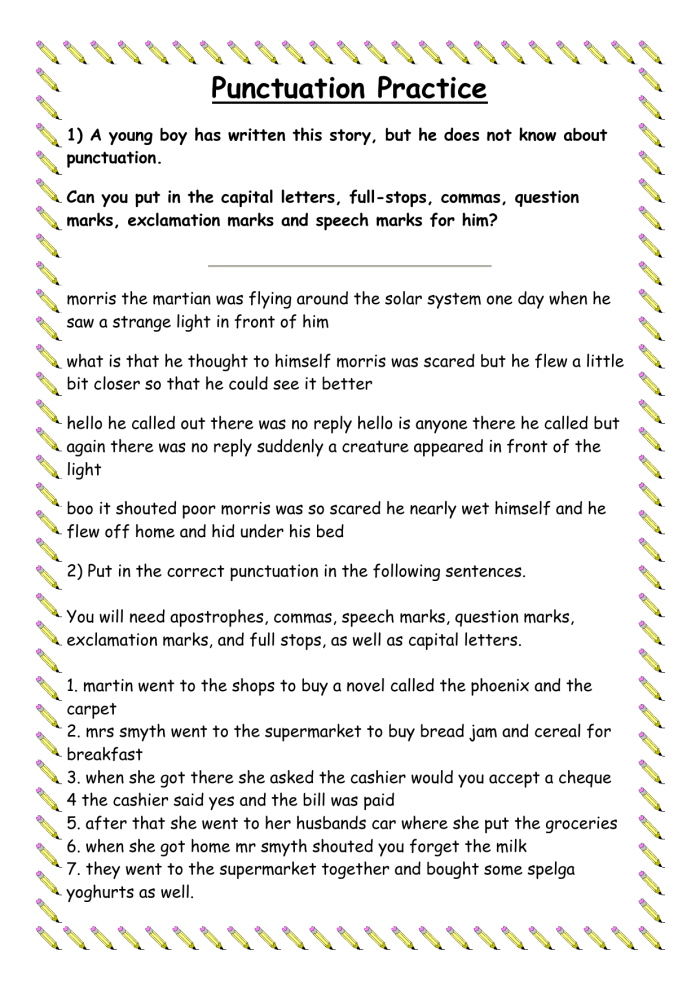 First grade proper punctuation worksheet exercise with sentences and end punctuation marks
