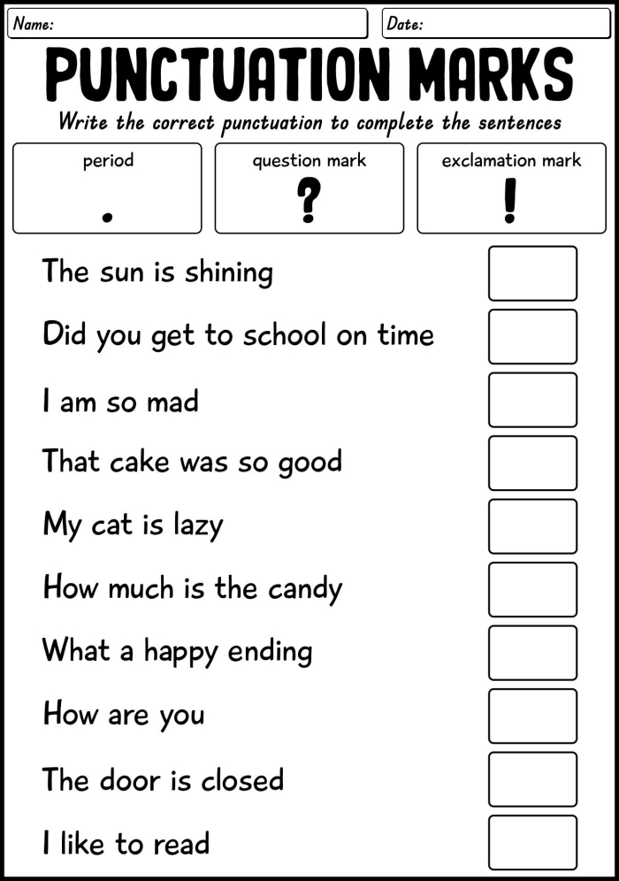 First grade proper punctuation worksheet with sentences and end punctuation practice exercises