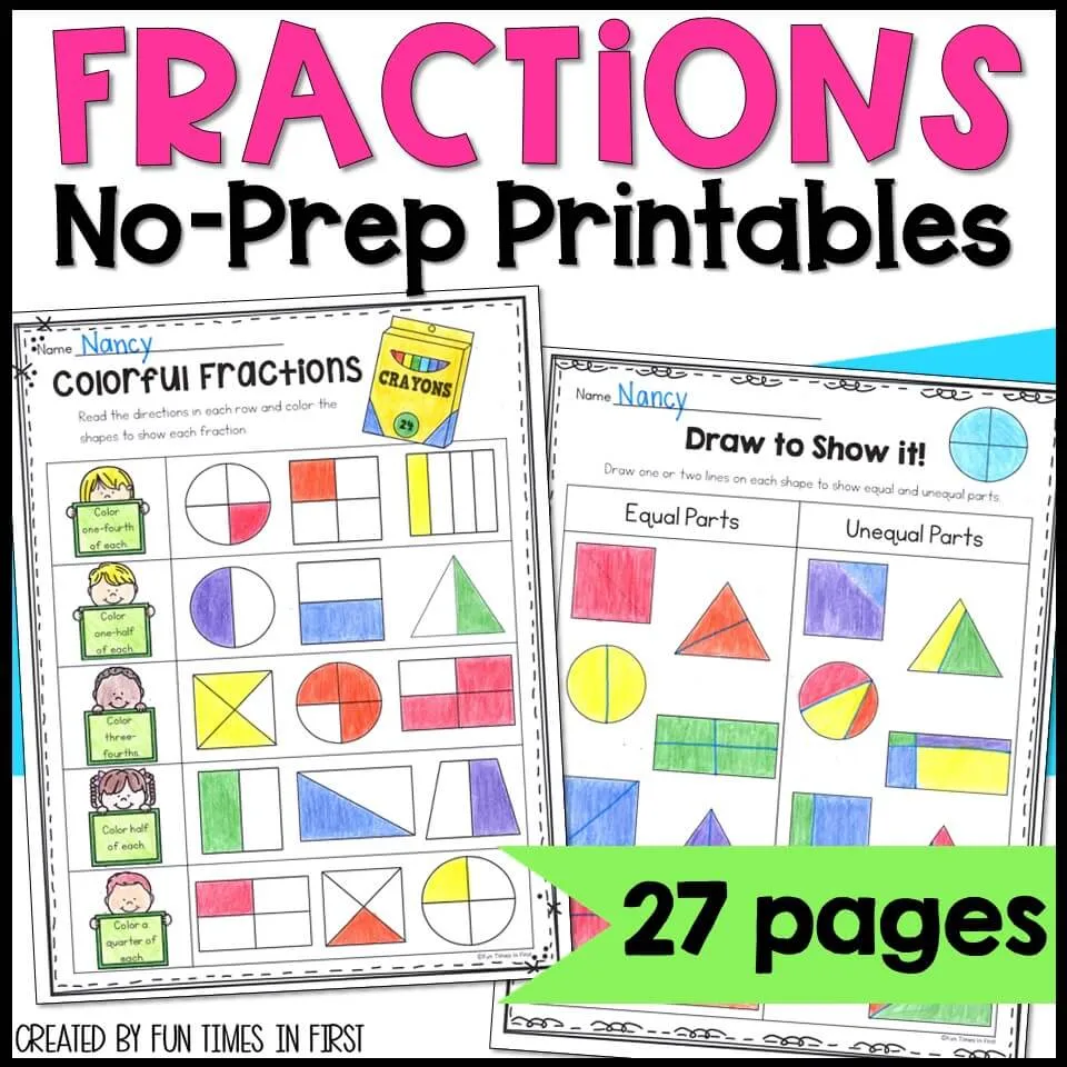 First grade student coloring worksheet focusing on identifying the fraction one fourth