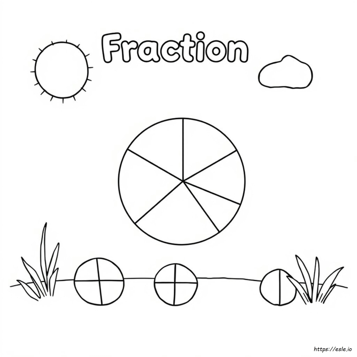 First grade math worksheet showing colorful shapes divided into four equal parts with one quarter shaded for fraction practice