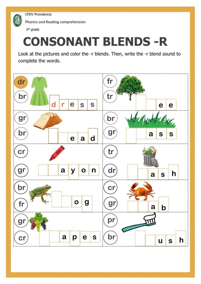 Consonant Blends R Practice Worksheet for Grade One Activity 25 First grade consonant sounds R blends matching worksheet page 25