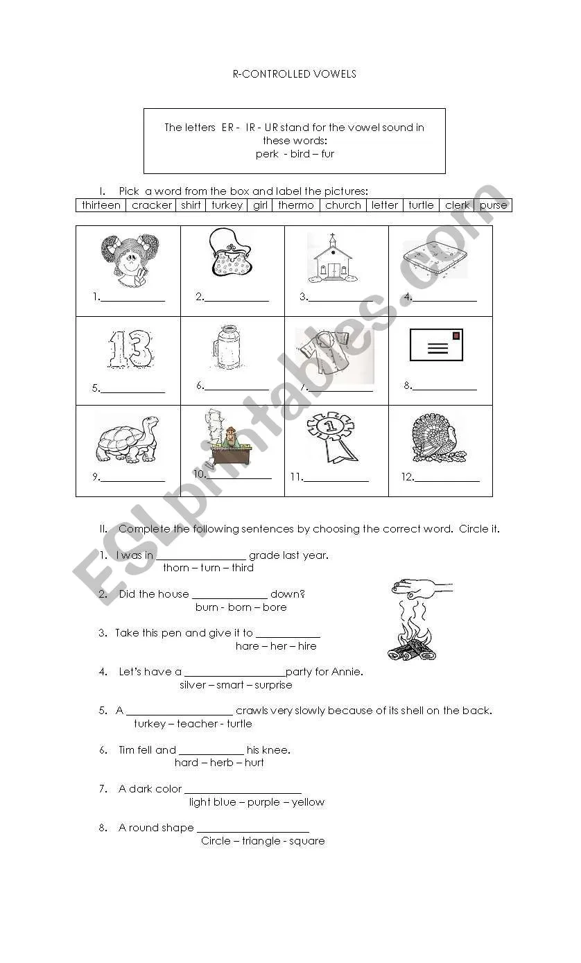 First grade phonics worksheet showing sentences with er, ir, and ur r-controlled vowel words highlighted for reading practice