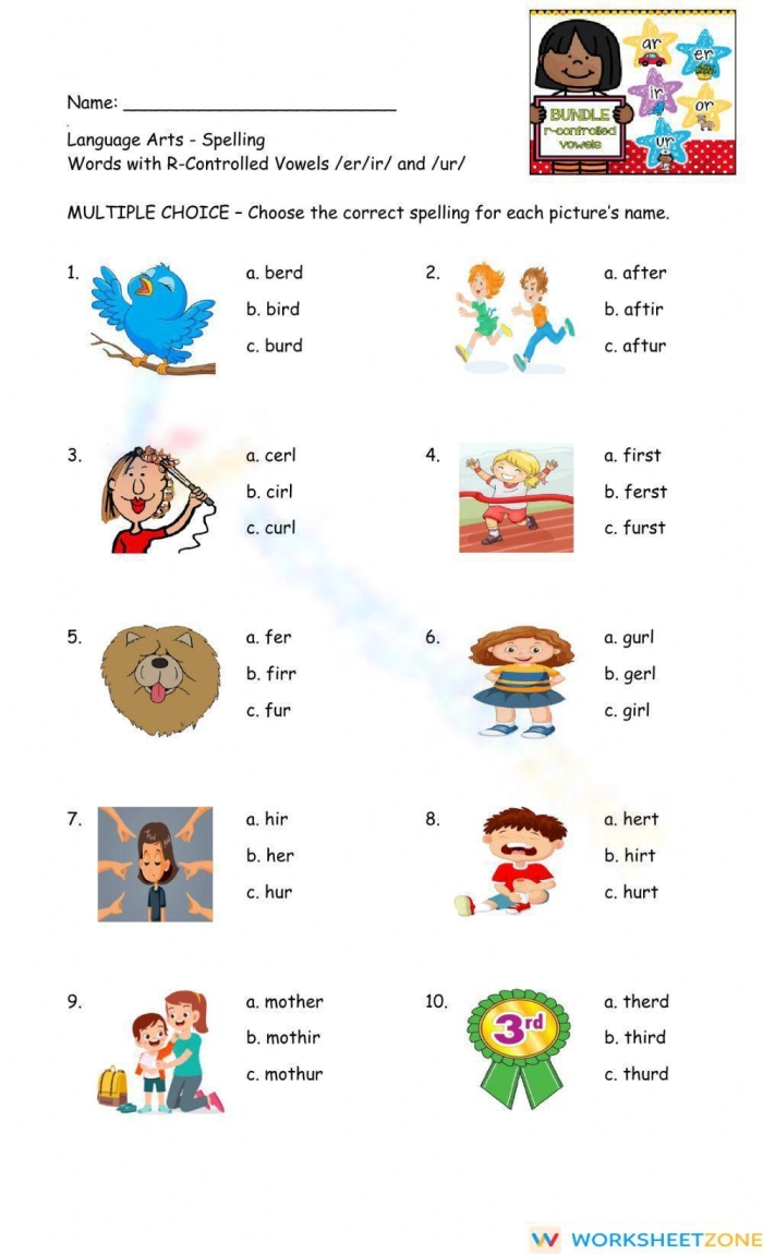 First grade phonics worksheet focusing on identifying r-controlled vowels in twelve sentences