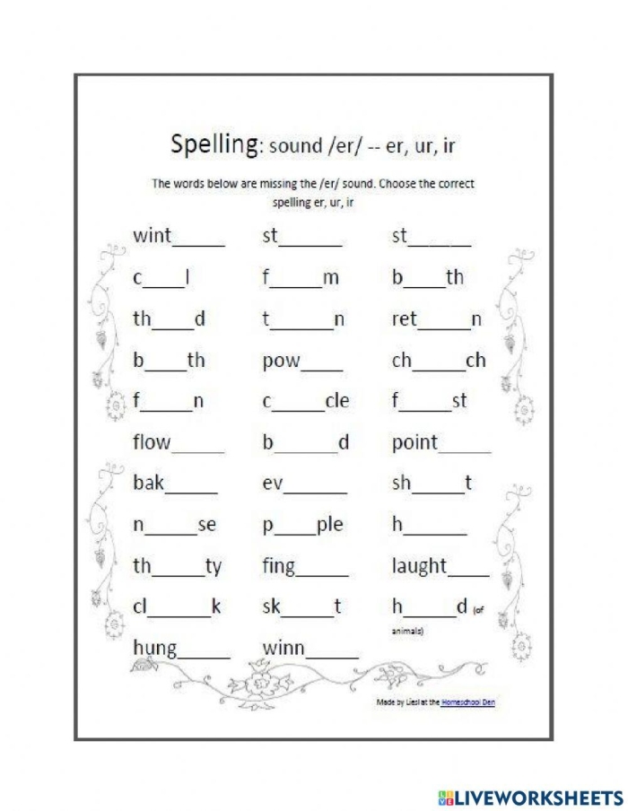 First grade phonics worksheet showing 12 sentences with er, ir, and ur r-controlled vowel words for reading practice