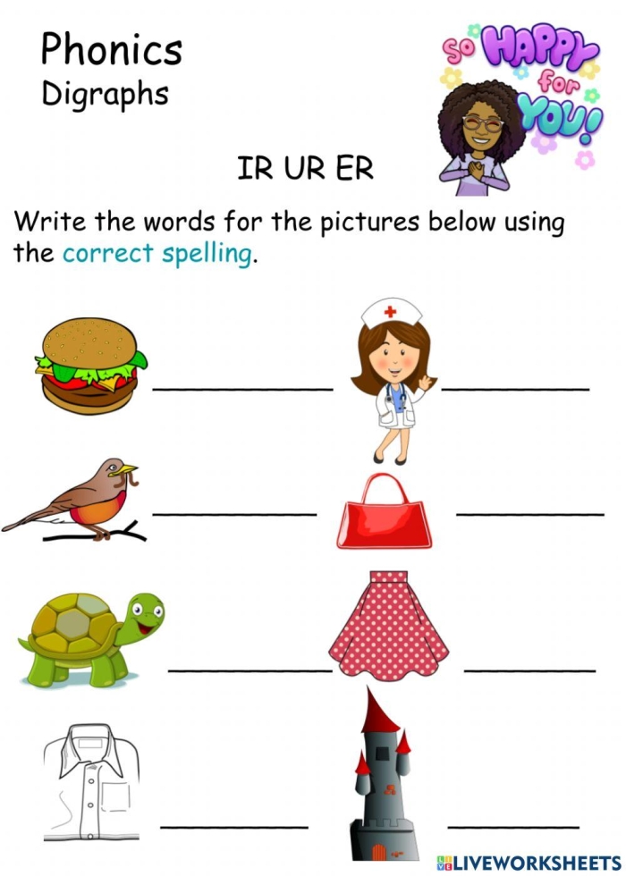 First grade phonics worksheet showing 12 sentences with er, ir, and ur r-controlled vowel words for reading practice
