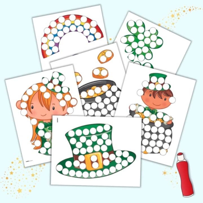 A first grade student tracing lines on a St. Patrick's Day rainbow dot-to-dot algebra worksheet featuring a pot of gold