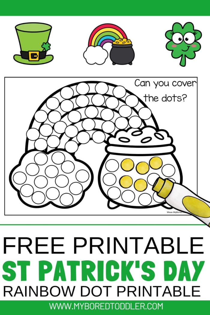 Colorful St. Patrick's Day Dot-to-Dot worksheet featuring a rainbow and pot of gold