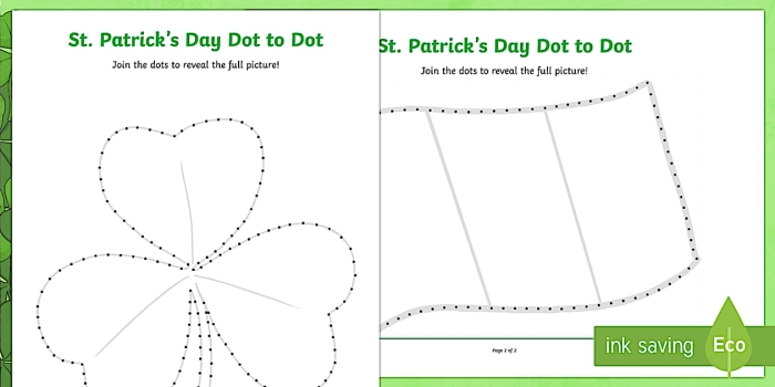 St. Patrick's Day Rainbow Dot-to-Dot worksheet for first graders featuring a pot of gold