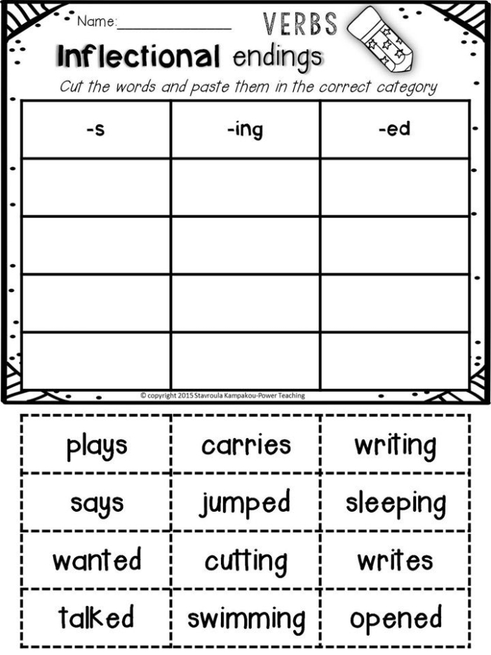 Rainy day worksheet for first graders focusing on inflectional endings like –ing, –s, and –ed