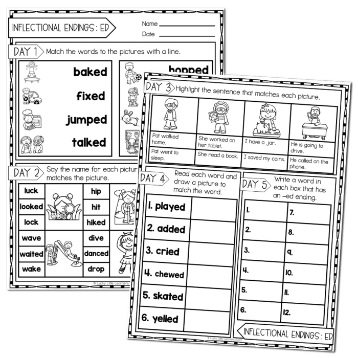 Colorful worksheet featuring rainy day themes for practicing inflectional endings in first grade phonics