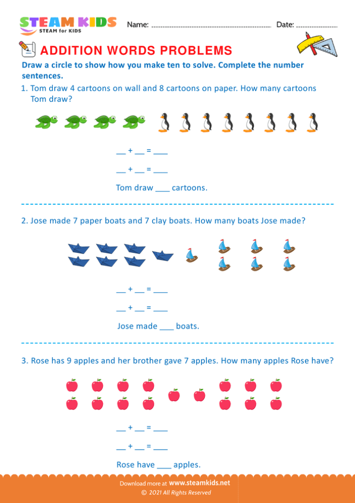 First grade math worksheet featuring simple ratio and proportion word problems for children