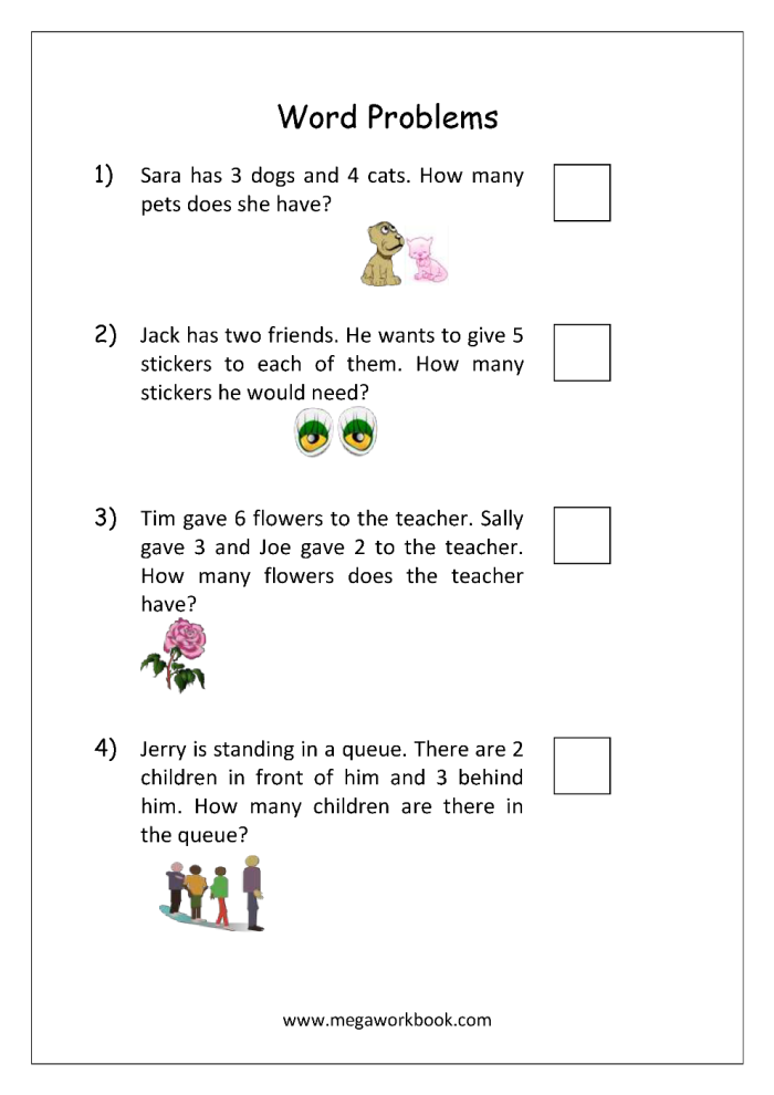 First grade math worksheet featuring simple ratio and proportion word problems for children