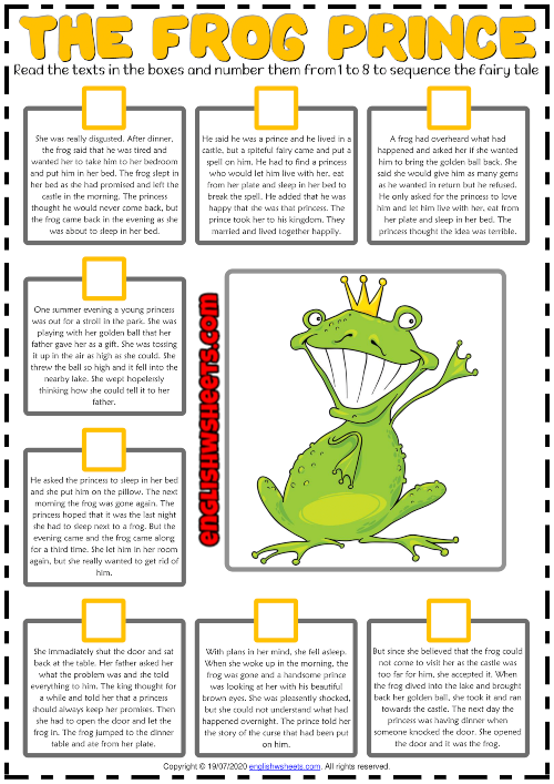 Engaging reading comprehension activity featuring the Frog Prince for young learners Worksheet for the Frog Prince story to enhance first graders' reading skills