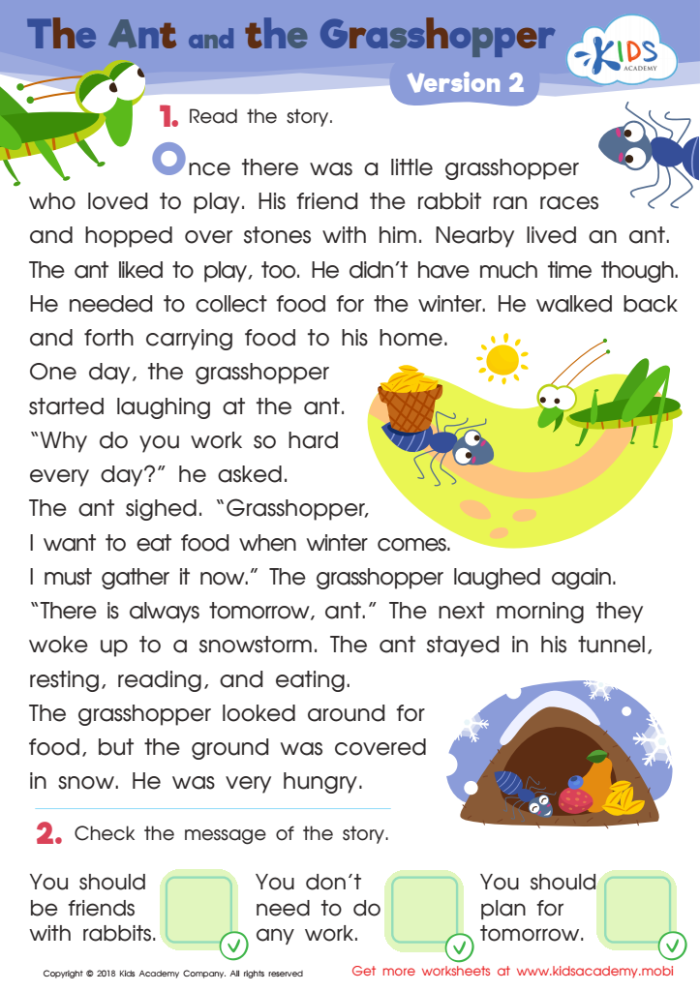 First grade reading comprehension worksheet about The Ants and the Grasshopper fable