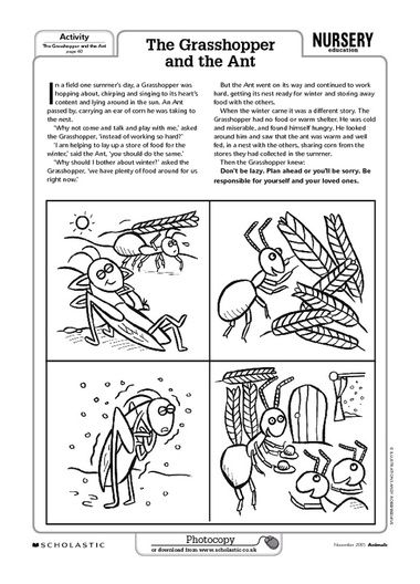First grade reading comprehension worksheet about The Ants and the Grasshopper fable