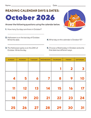 Reading Calendar Days and Dates March 2026 Worksheet 17 First grade math worksheet featuring a March 2026 calendar for students to practice reading dates and days