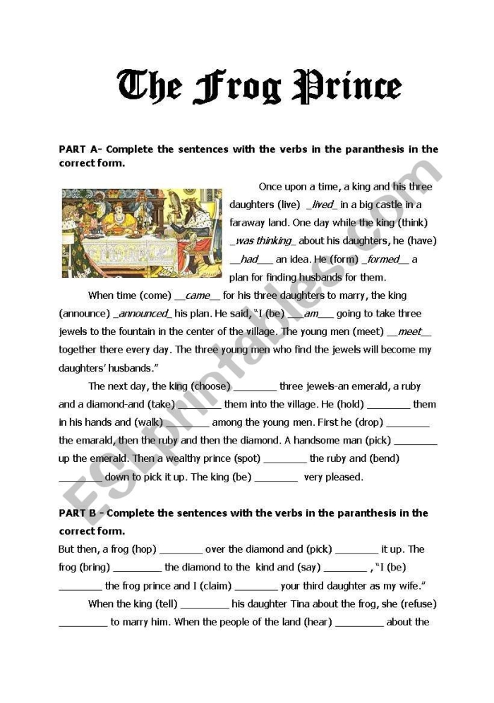 Frog Prince reading comprehension worksheet for first-grade students Worksheet for first graders on the story of "The Frog Prince" focusing on reading comprehension skills