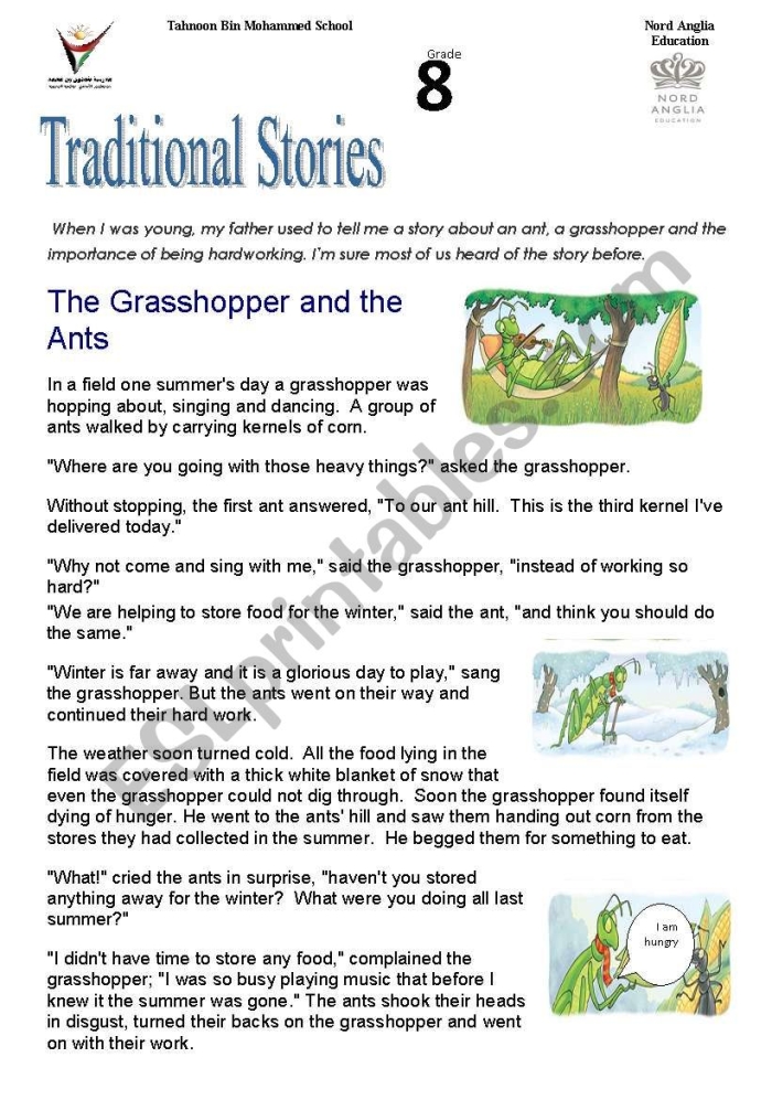 First grade students answering reading comprehension questions about The Ants and the Grasshopper fable worksheet