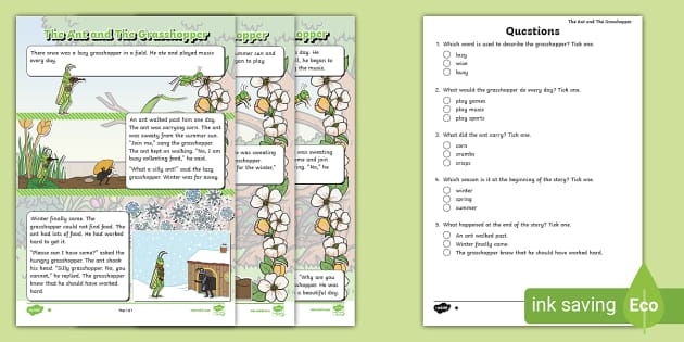 A first-grade worksheet featuring the fable "The Ants and the Grasshopper" with reading comprehension questions. Aesop's fables worksheet for first graders focusing on reading skills and understanding.