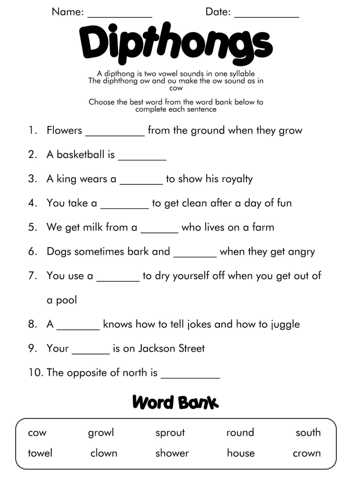 Worksheet for practicing vowel diphthongs: AW in first grade reading activities First grade worksheet focusing on vowel diphthongs with AW for reading practice